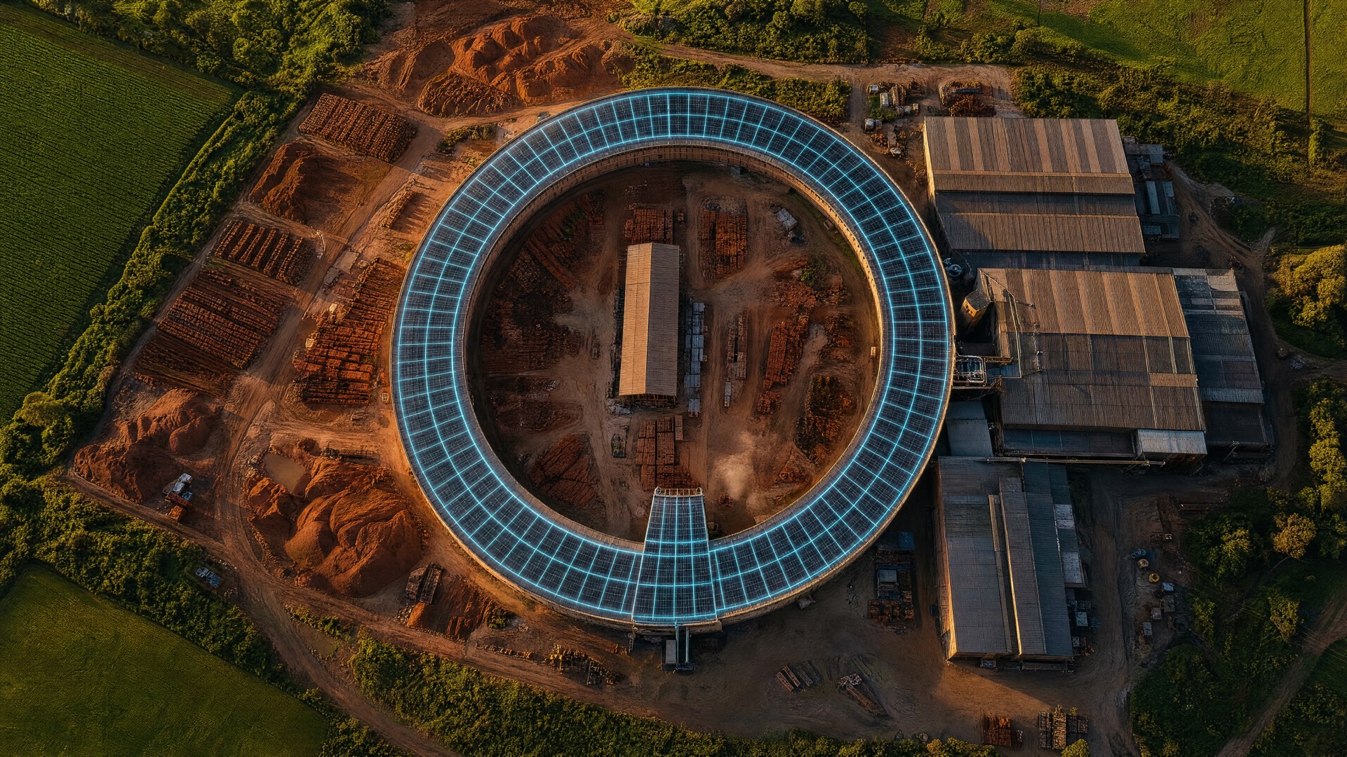 Aerial solar array at golden hour