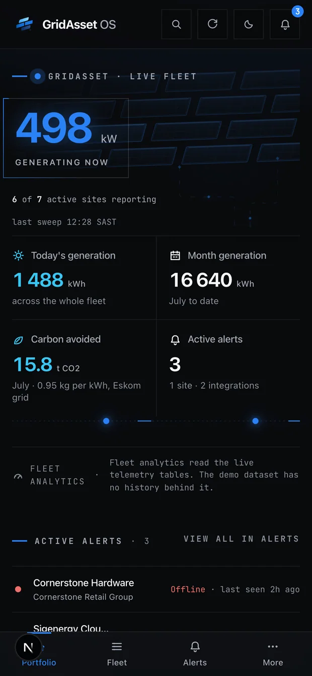 GridAsset OS running on a phone, showing live fleet generation