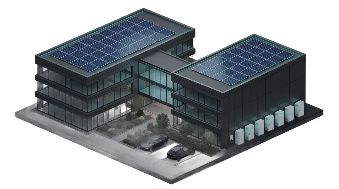 Isometric render of a multi-storey campus building with rooftop solar and storage