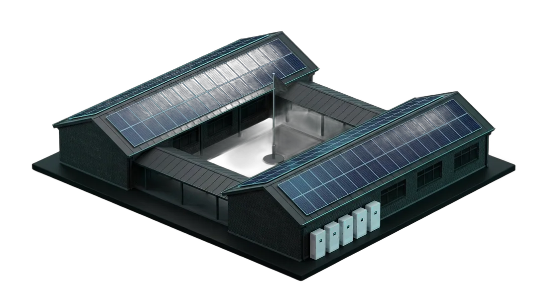 Isometric render of a wine estate courtyard with solar on the cellar roofs